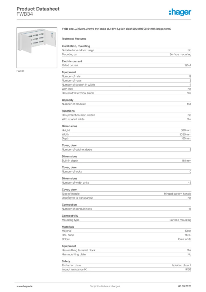 Image Hager Product data sheet FWB34  | Hager