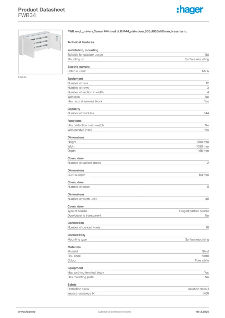 Image Hager Product data sheet FWB34  | Hager