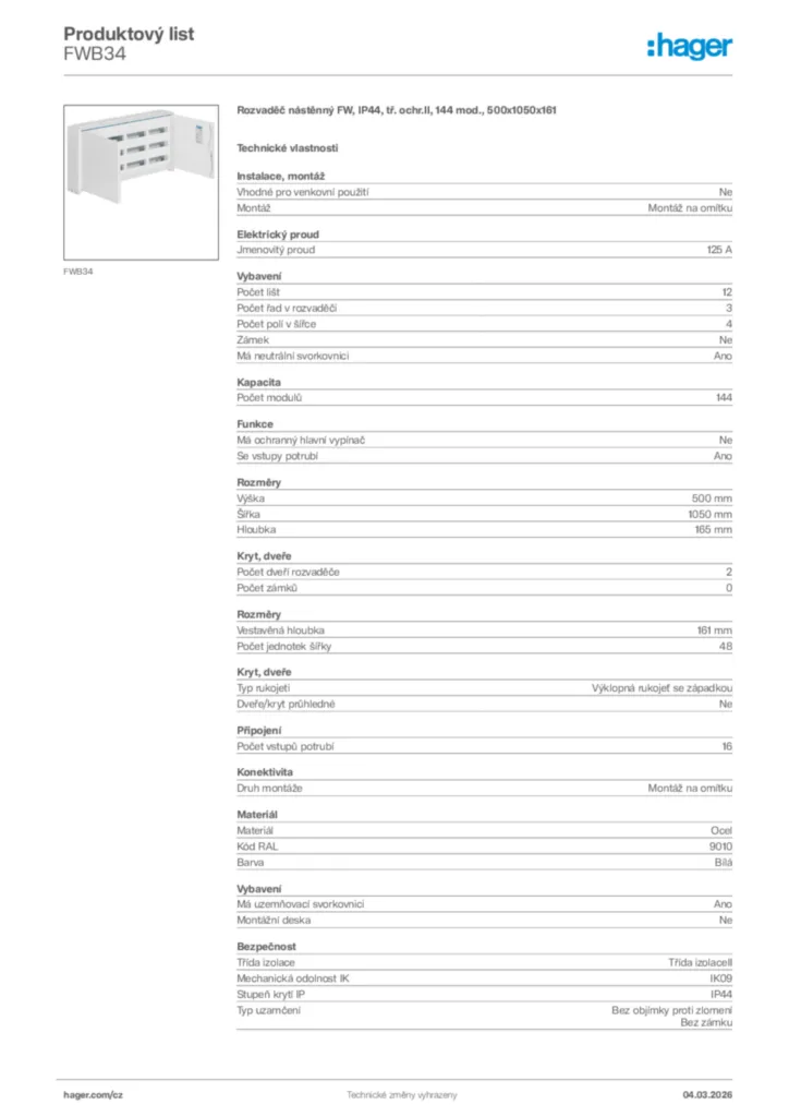 Obrázek Hager Product data sheet FWB34 | Hager
