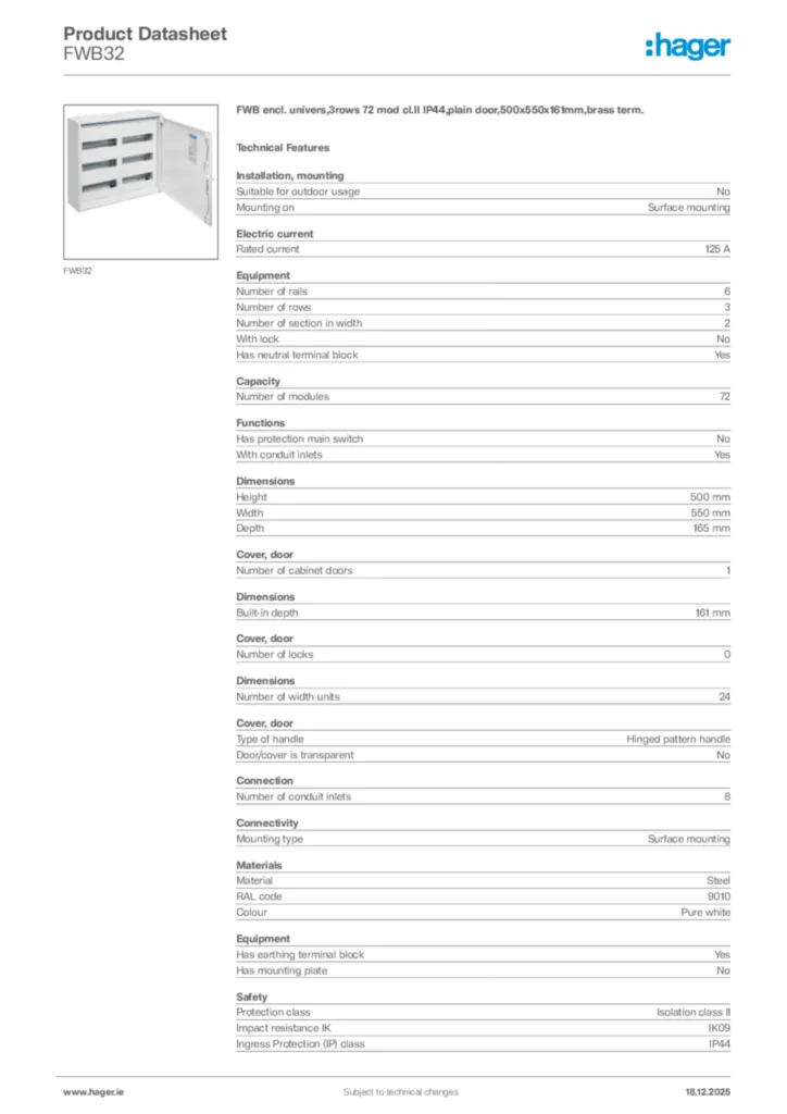 Image Hager Product data sheet FWB32  | Hager