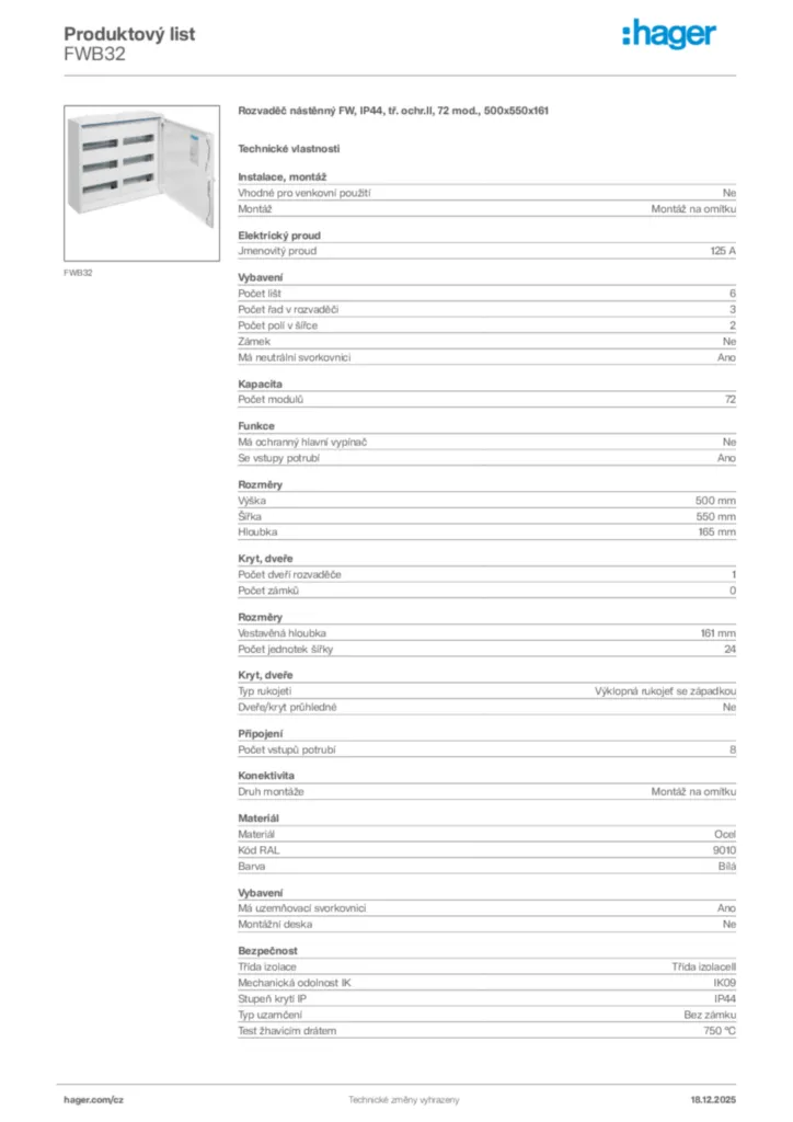 Obrázek Hager Produktový list FWB32 | Hager