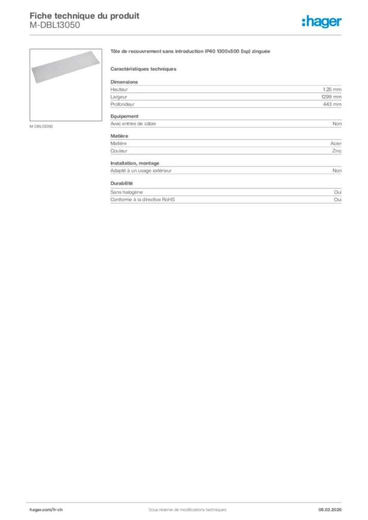 Image Hager Fiche technique du produit M-DBL13050 | Hager Suisse