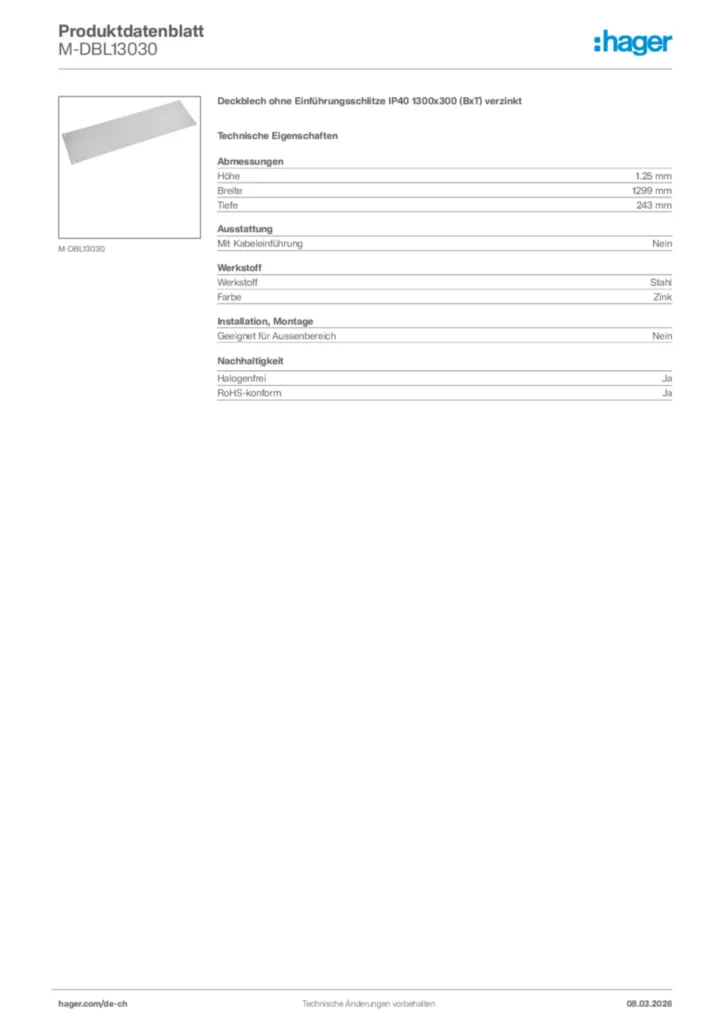Bild Hager Produktdatenblatt M-DBL13030 | Hager Schweiz