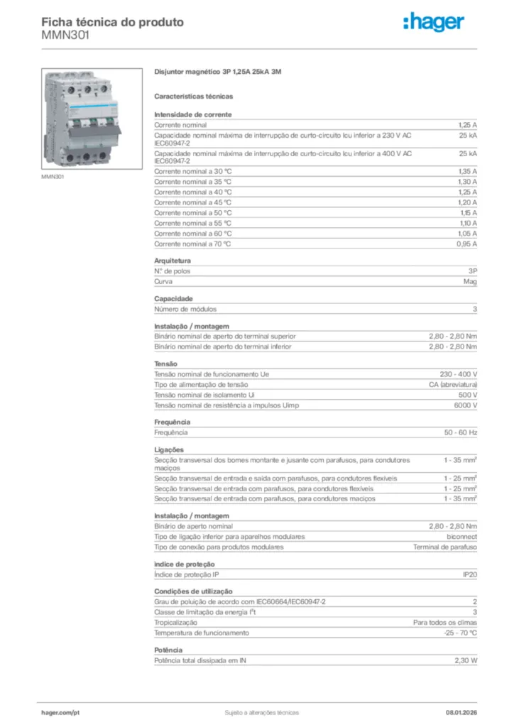 Imagem Hager Ficha técnica do produto MMN301 | Hager Portugal