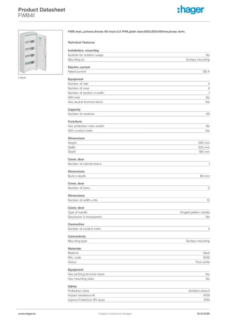 Image Hager Product data sheet FWB41  | Hager