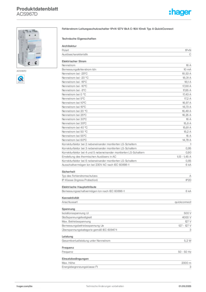 Hager Produktdatenblatt ACS967D