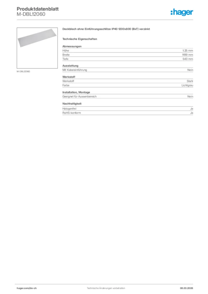 Bild Hager Produktdatenblatt M-DBL12060 | Hager Schweiz