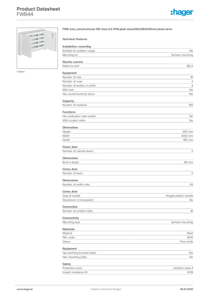 Image Hager Product data sheet FWB44  | Hager