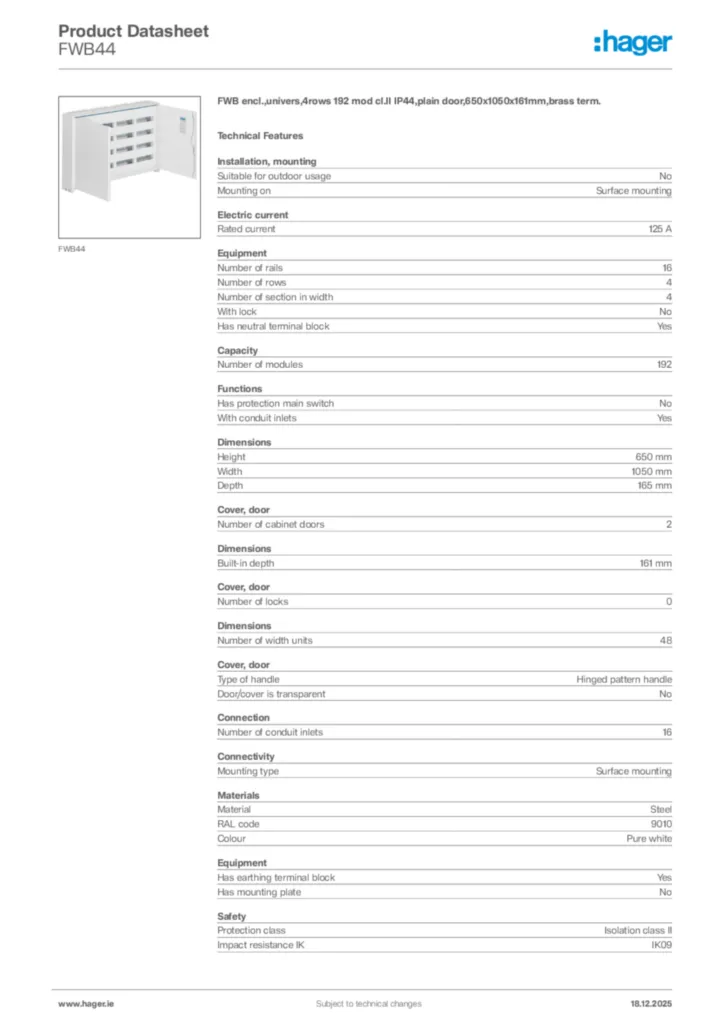Image Hager Product data sheet FWB44  | Hager