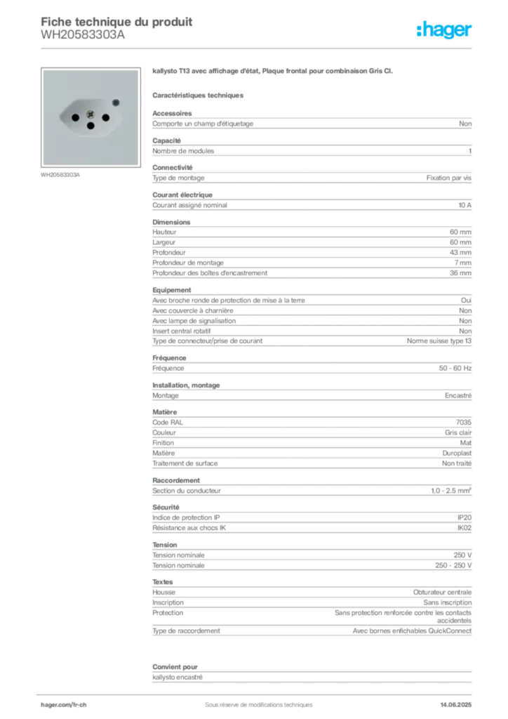 Image Hager Fiche technique du produit WH20583303A | Hager Suisse