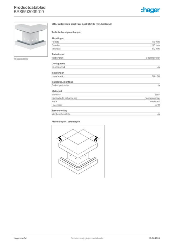 Afbeelding Hager Productdatablad BRS6513039010 | Hager Nederland