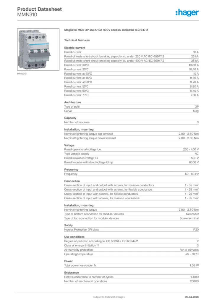 Image Hager Product data sheet MMN310  | Hager Africa