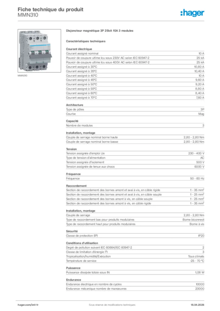 Image Hager Fiche technique du produit MMN310 | Hager Afrique