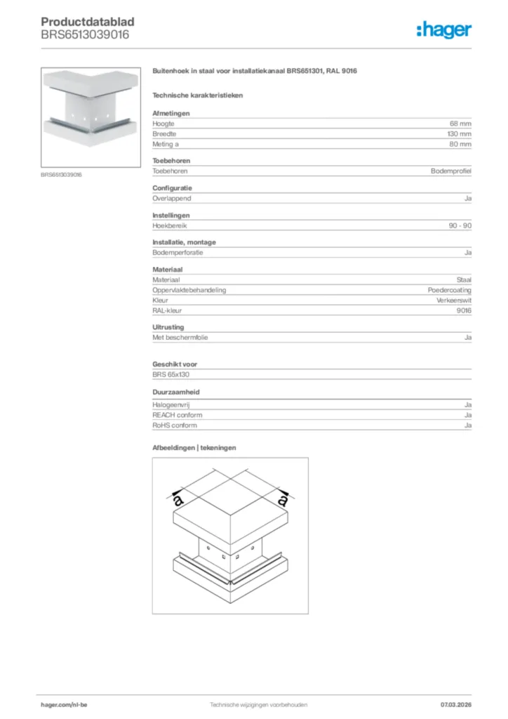 Afbeelding Hager Productdatablad BRS6513039016 | Hager Belgium