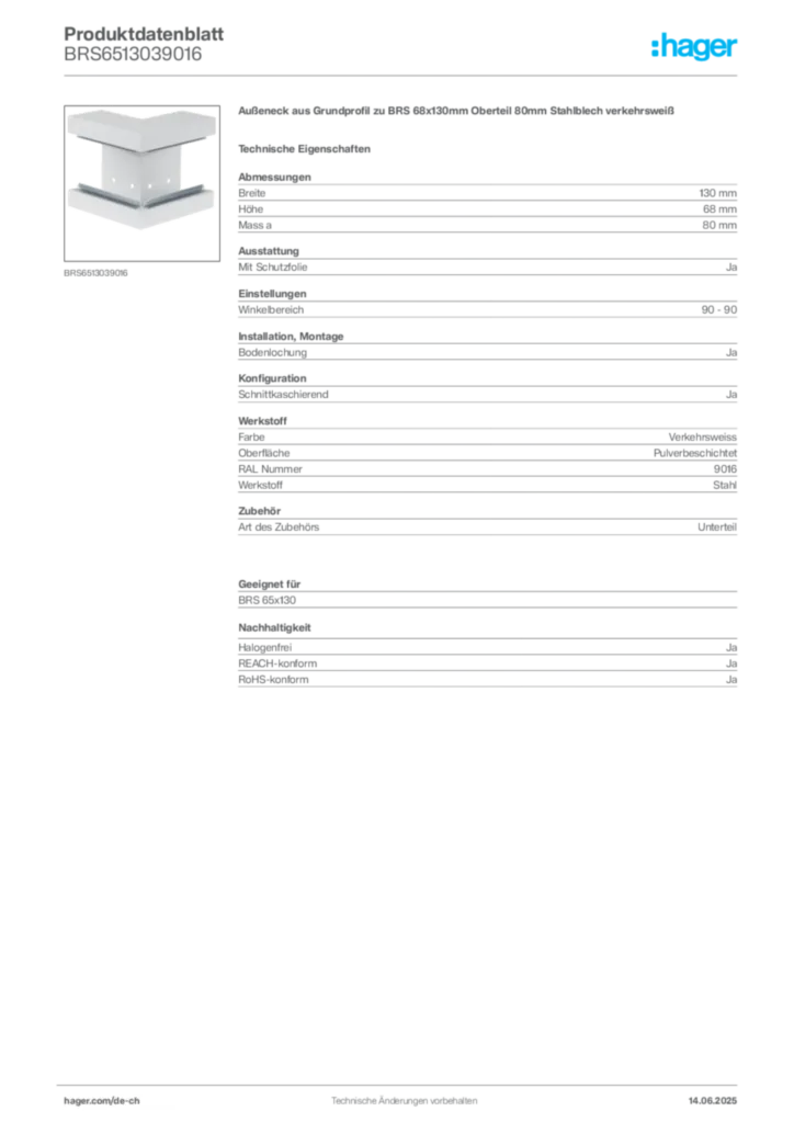 Bild Hager Produktdatenblatt BRS6513039016 | Hager Schweiz