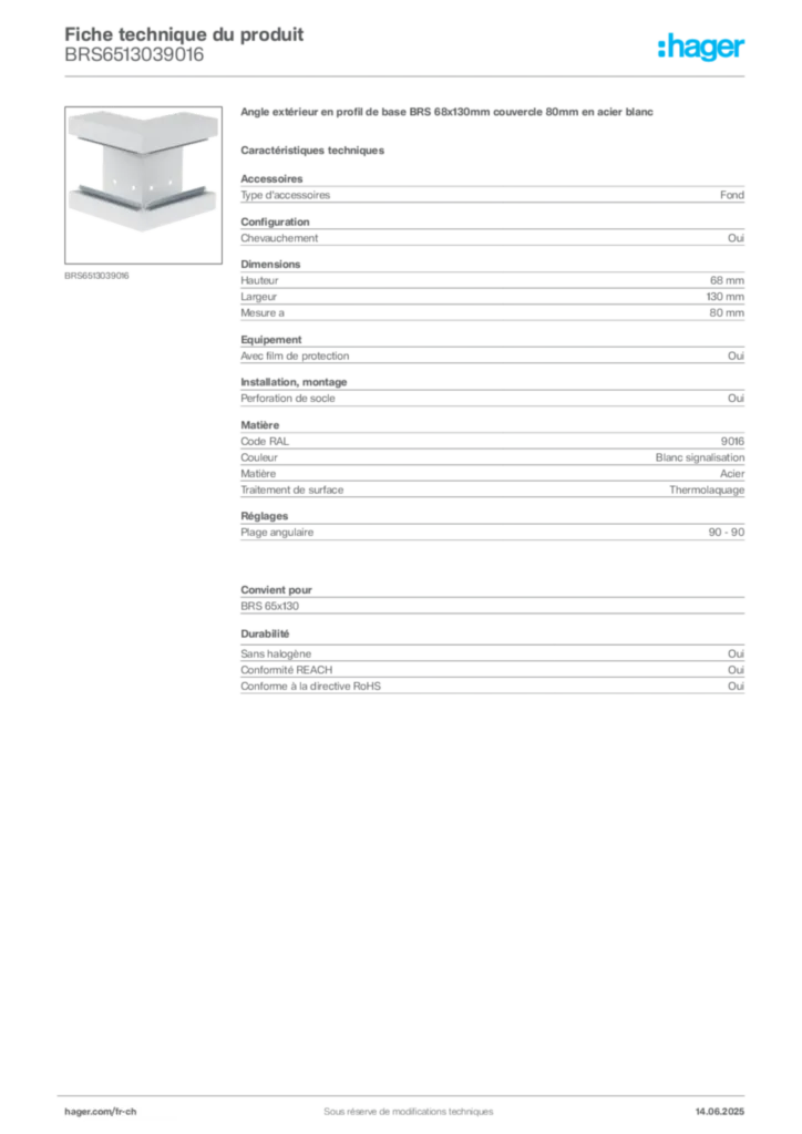 Image Hager Fiche technique du produit BRS6513039016 | Hager Suisse