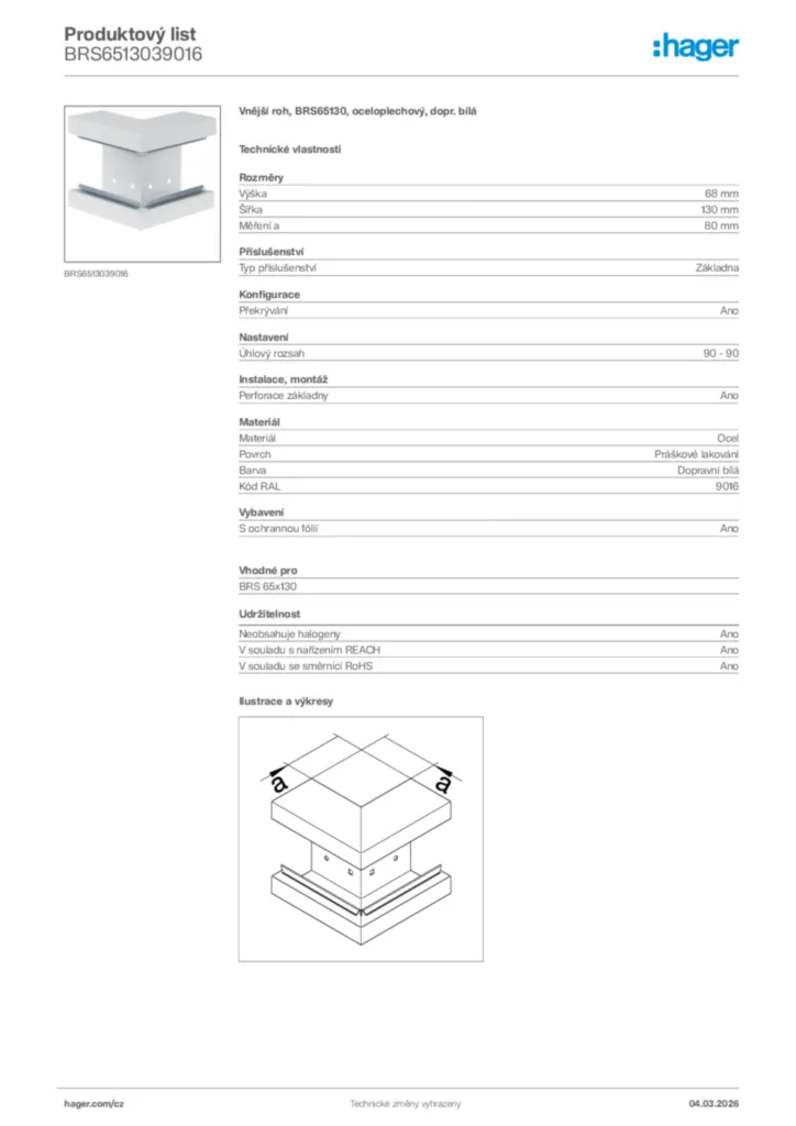 Obrázek Hager Product data sheet BRS6513039016 | Hager