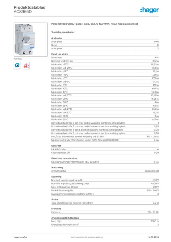 Bild Hager Produktdatablad ACS966D | Hager Sverige