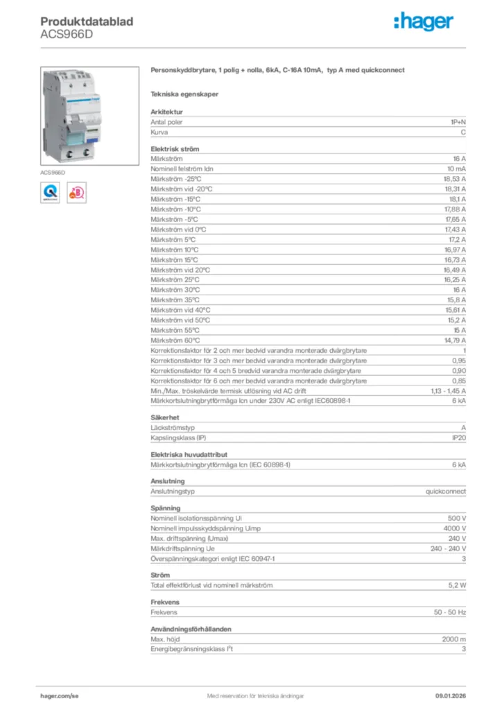 Bild Hager Produktdatablad ACS966D | Hager Sverige
