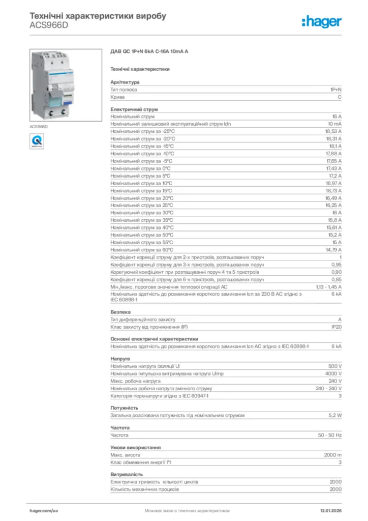 Зображення Hager Технічні характеристики виробу ACS966D | Hager