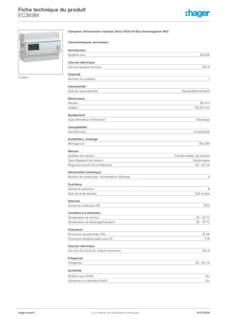 Image Hager Fiche technique du produit EC369M | Hager France
