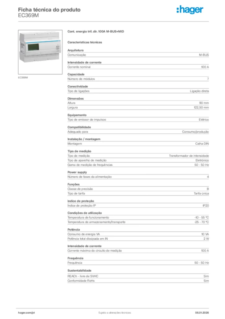 Imagem Hager Ficha técnica do produto EC369M | Hager Portugal