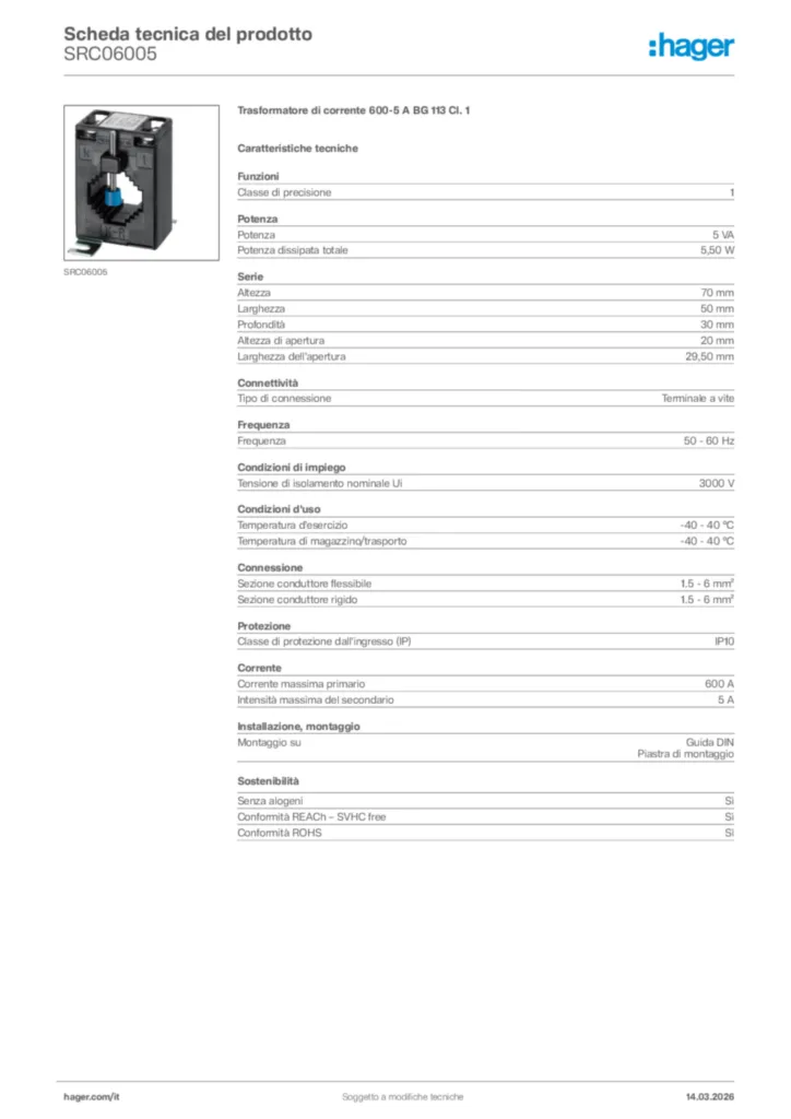 Immagine Hager Scheda tecnica del prodotto SRC06005 | Hager Italia