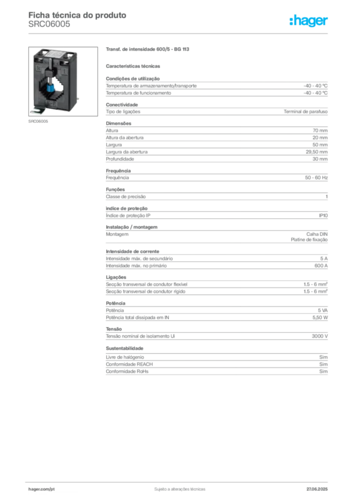 Imagem Hager Ficha técnica do produto SRC06005 | Hager Portugal