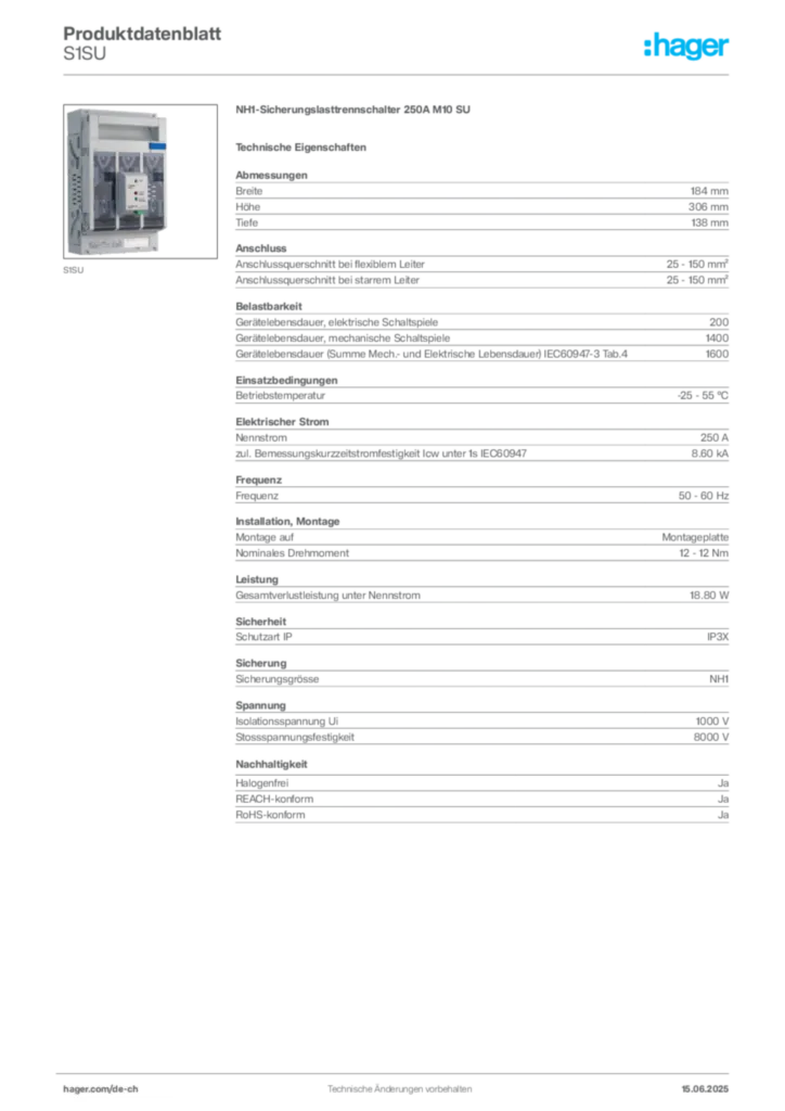 Bild Hager Produktdatenblatt S1SU | Hager Schweiz
