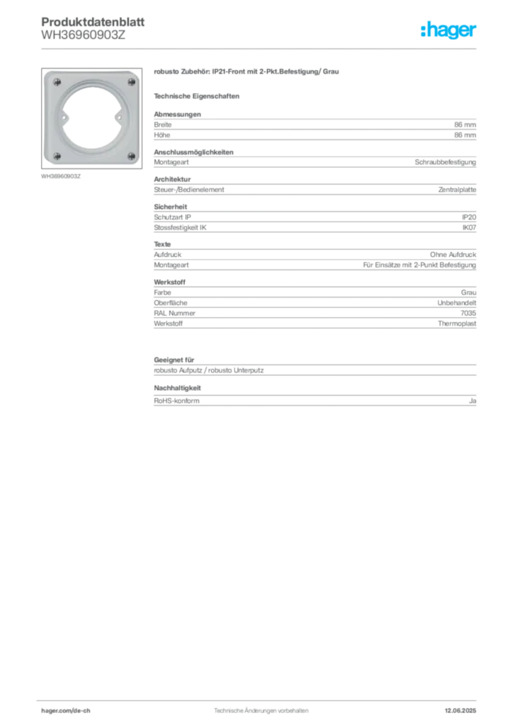 Bild Hager Produktdatenblatt WH36960903Z | Hager Schweiz