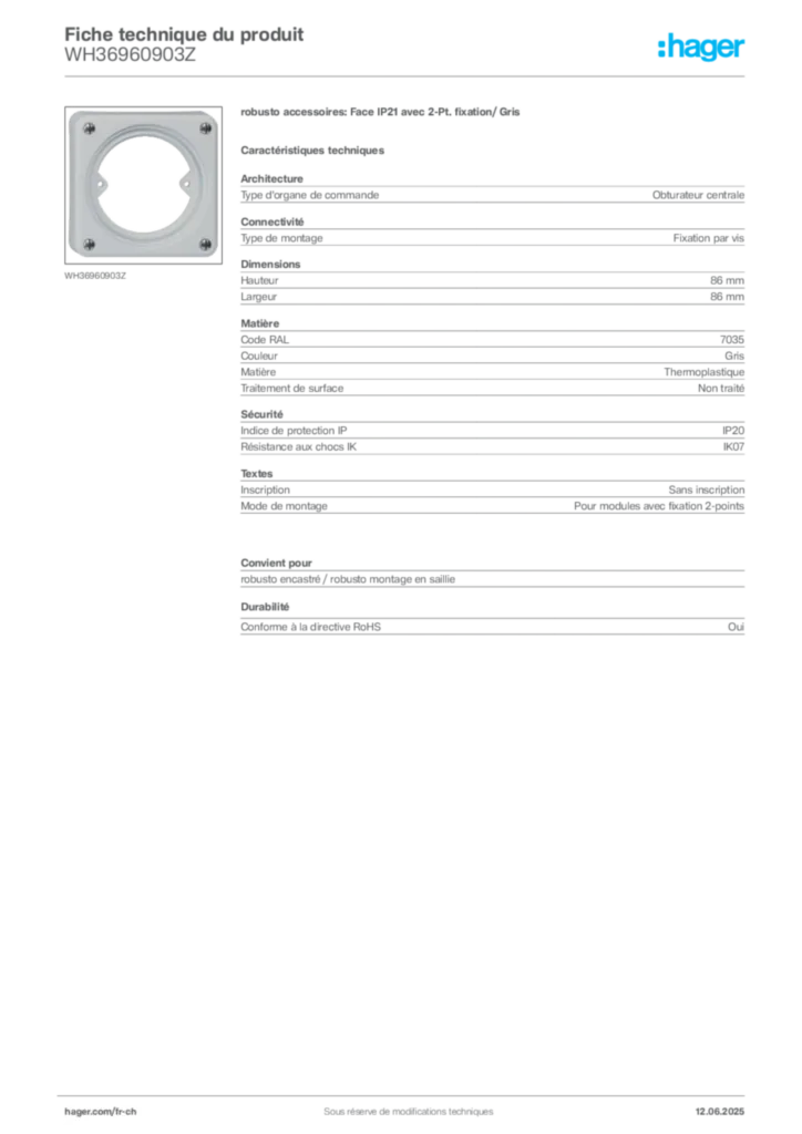 Image Hager Fiche technique du produit WH36960903Z | Hager Suisse
