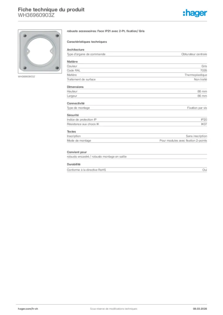Image Hager Fiche technique du produit WH36960903Z | Hager Suisse