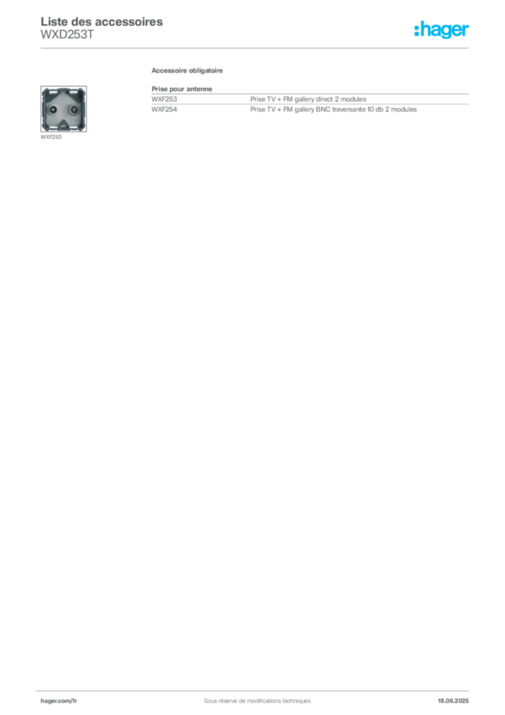 Image Hager Fiche technique du produit WXD253T | Hager France