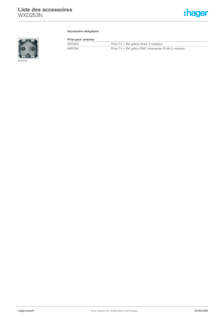 Image Hager Fiche technique du produit WXD253N | Hager France