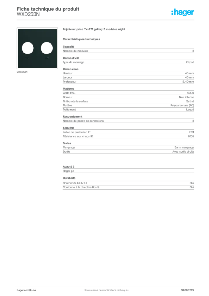 Image Hager Fiche technique du produit WXD253N | Hager Belgique