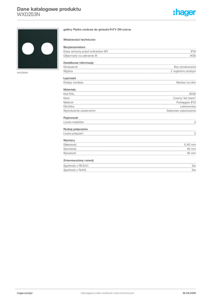 Zdjęcie Hager Karta katalogowa WXD253N | Hager Polska