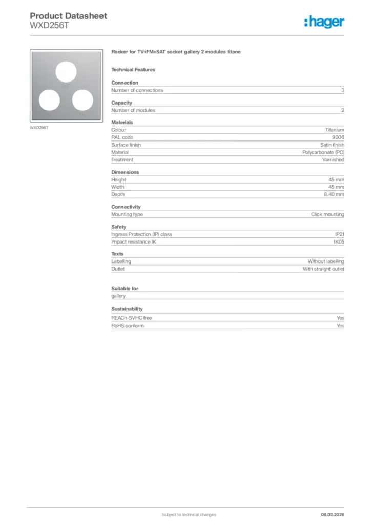 Image Hager Product data sheet WXD256T  | Hager Africa