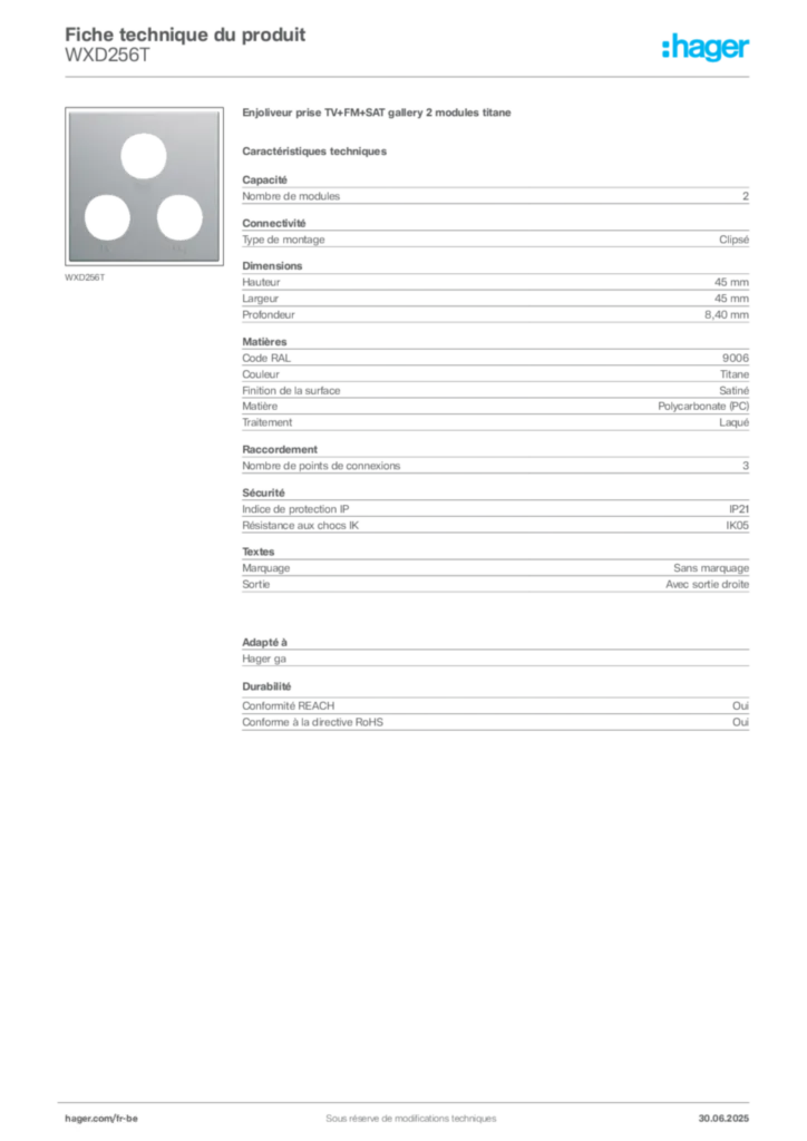 Image Hager Fiche technique du produit WXD256T | Hager Belgique