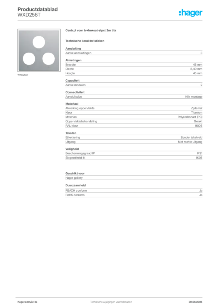 Afbeelding Hager Productdatablad WXD256T | Hager Belgium