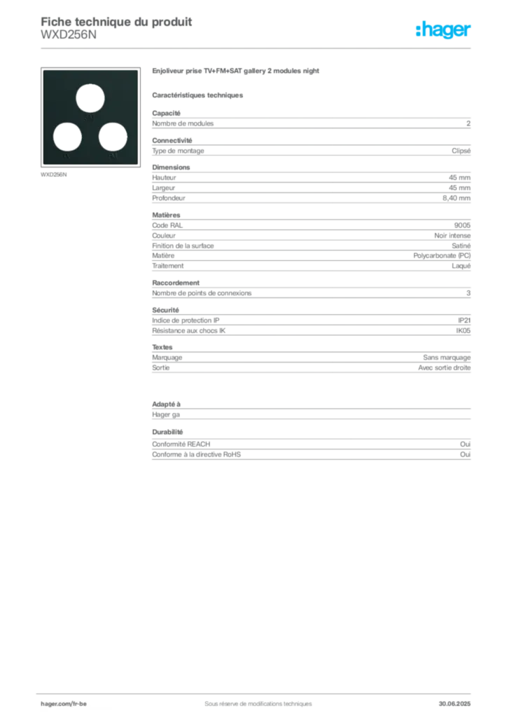 Image Hager Fiche technique du produit WXD256N | Hager Belgique