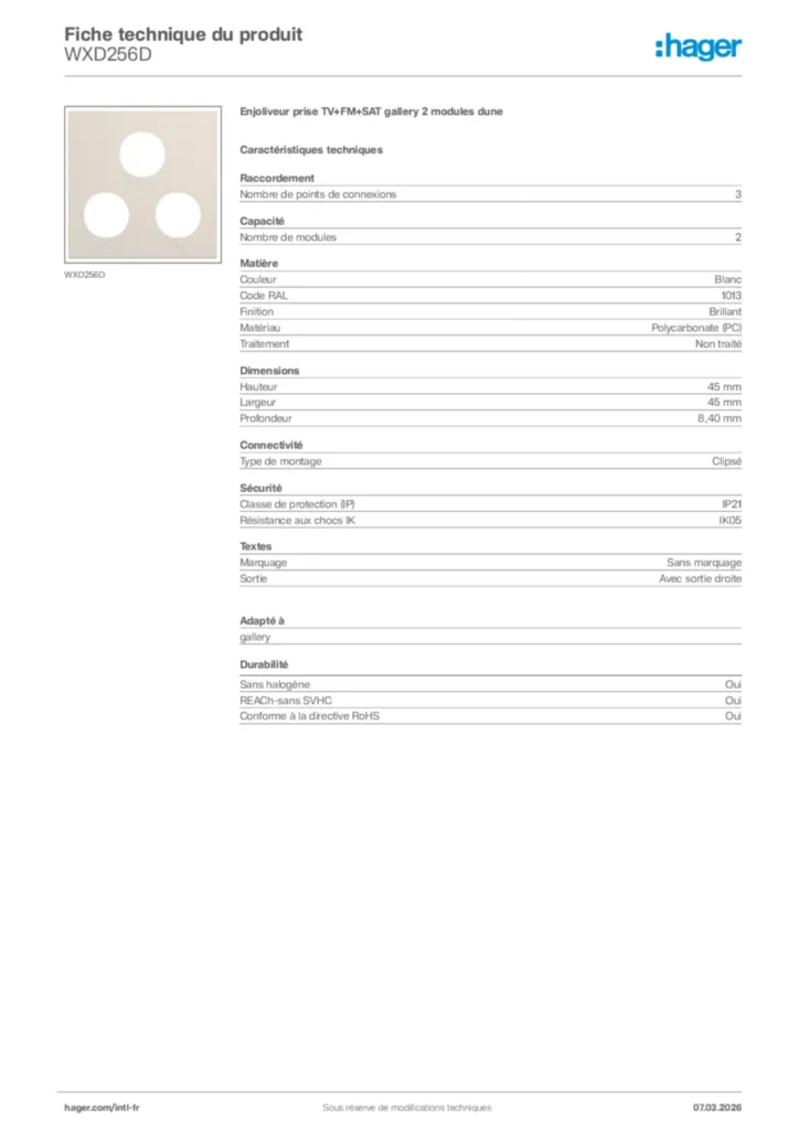 Image Hager Fiche technique du produit WXD256D | Hager Afrique