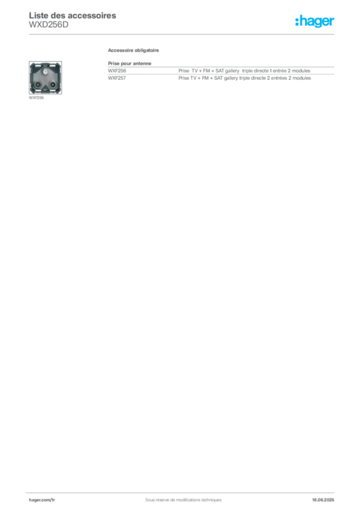 Image Hager Fiche technique du produit WXD256D | Hager France