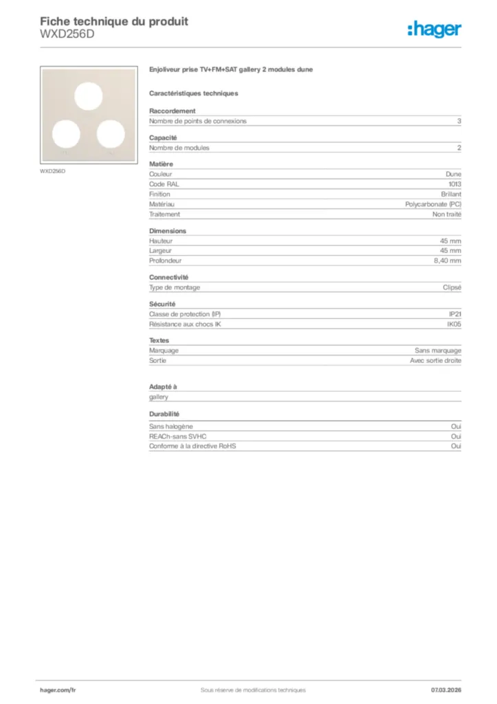 Image Hager Fiche technique du produit WXD256D | Hager France