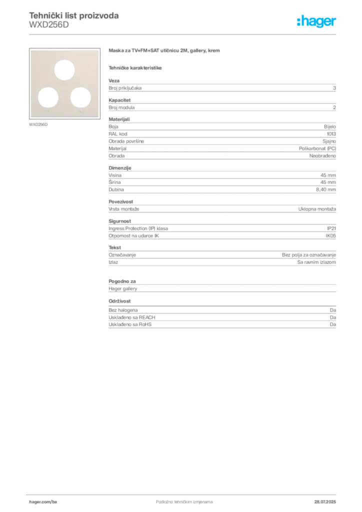 Slika Hager Product data sheet WXD256D  | Hager