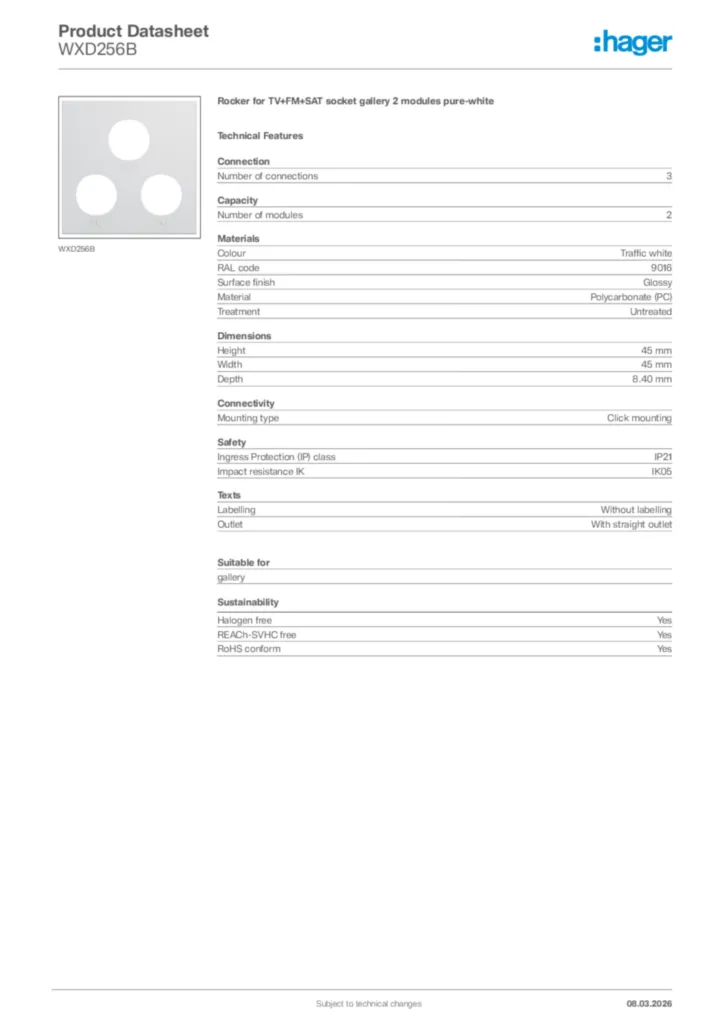 Image Hager Product data sheet WXD256B  | Hager Africa