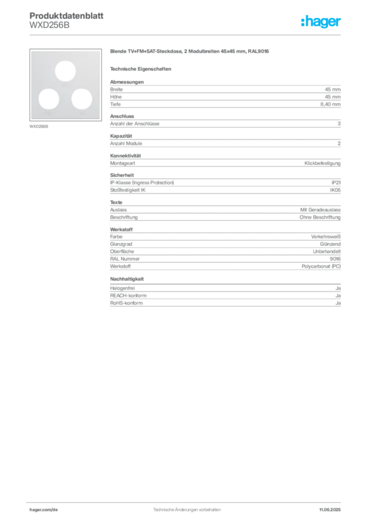 Bild Hager Produktdatenblatt WXD256B | Hager Deutschland