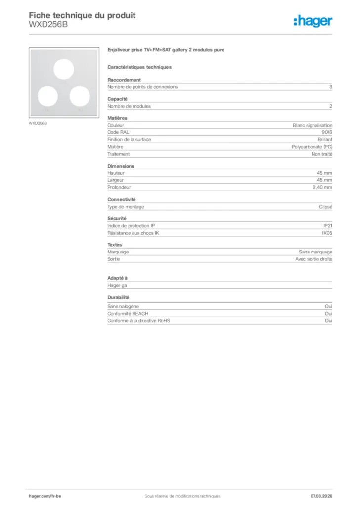 Image Hager Fiche technique du produit WXD256B | Hager Belgique