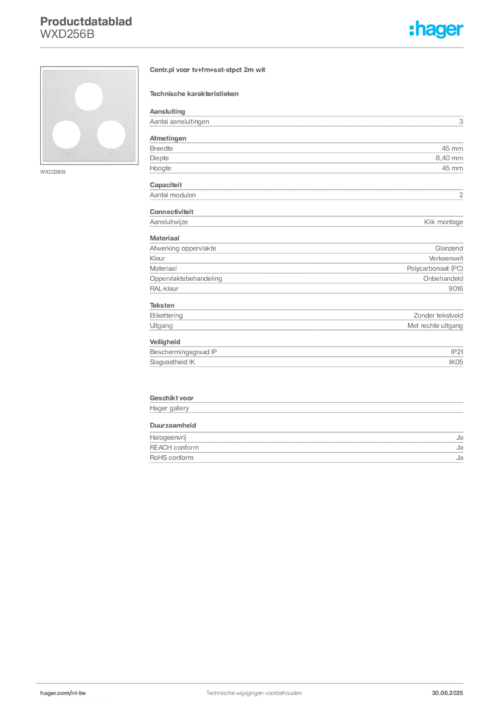Afbeelding Hager Productdatablad WXD256B | Hager Belgium