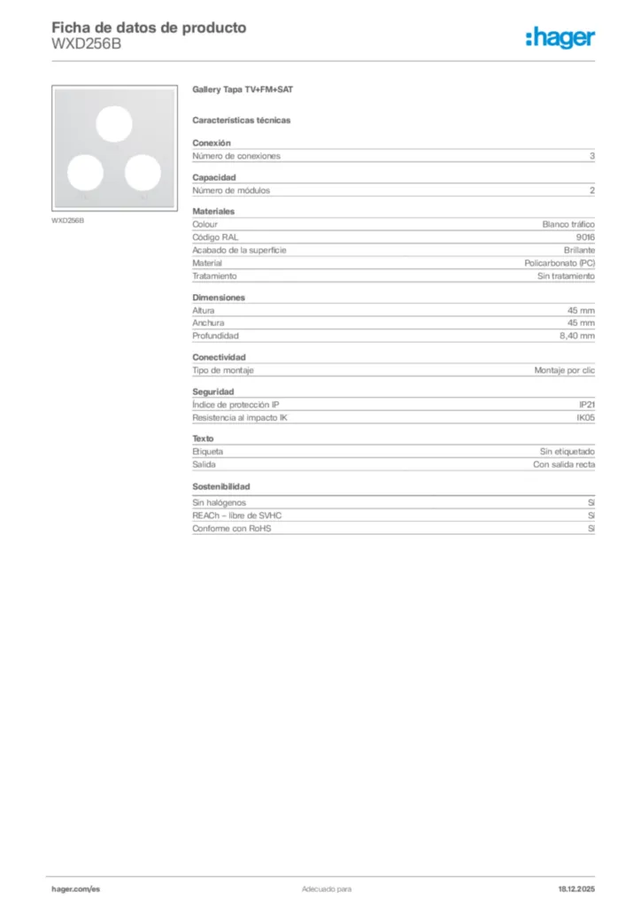 Imagen Hager Ficha de datos de producto WXD256B | Hager España