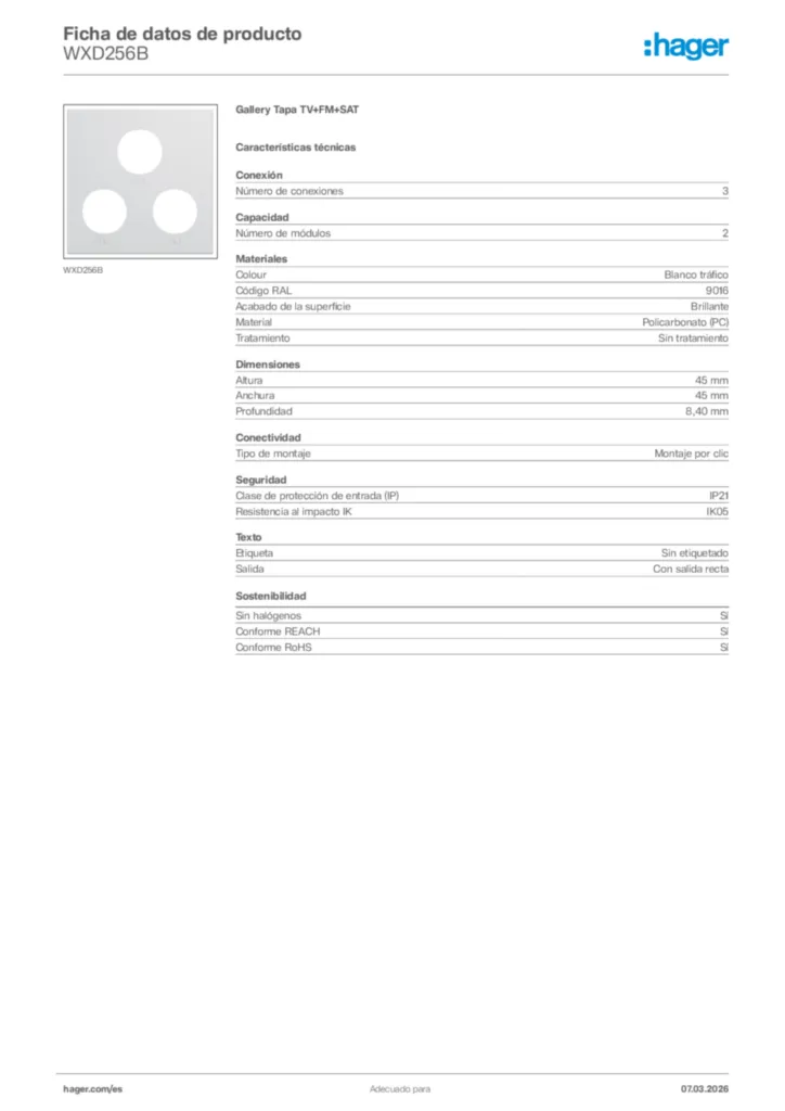 Imagen Hager Ficha de datos de producto WXD256B | Hager España